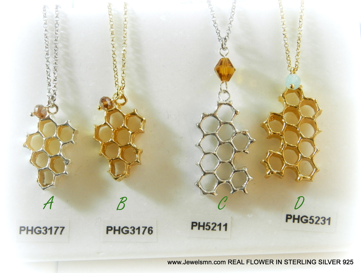 Bee necklace,Real honeycomb necklace for women in sterling silver. 10-Hexagon necklace