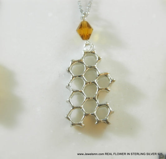 Bee necklace,Real honeycomb necklace for women in sterling silver. 10-Hexagon necklace