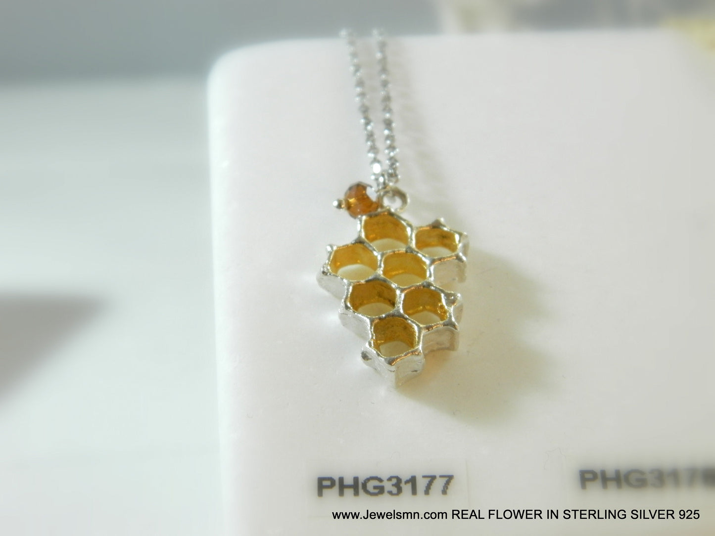 Bee necklace,Real honeycomb necklace for women in sterling silver. 10-Hexagon necklace