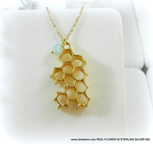 Bee necklace,Real honeycomb necklace for women in sterling silver. Goldplated 10-Hexagon necklace.