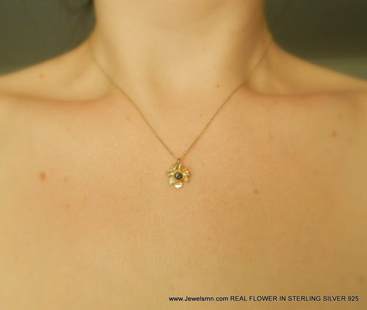 Black mini chamomile flower pendant.Sterling silver minimalist necklace ,14K Goldplated.