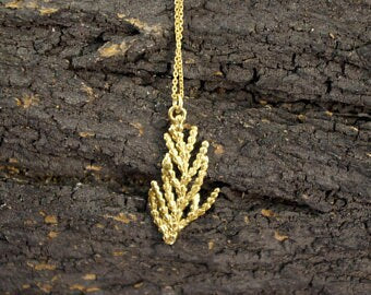 Juniper.Solid GOLD leaf necklace jewelry. Cypress Leaf White or yellow solid gold 14K-9k-18k pendant with chain Necklace