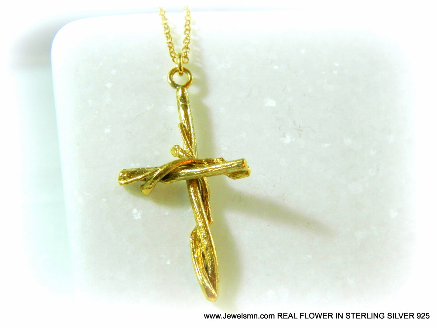 Large cross pendant necklace From real Olive tree Branch, 14k gold on sterling silver, Gold cross pendant