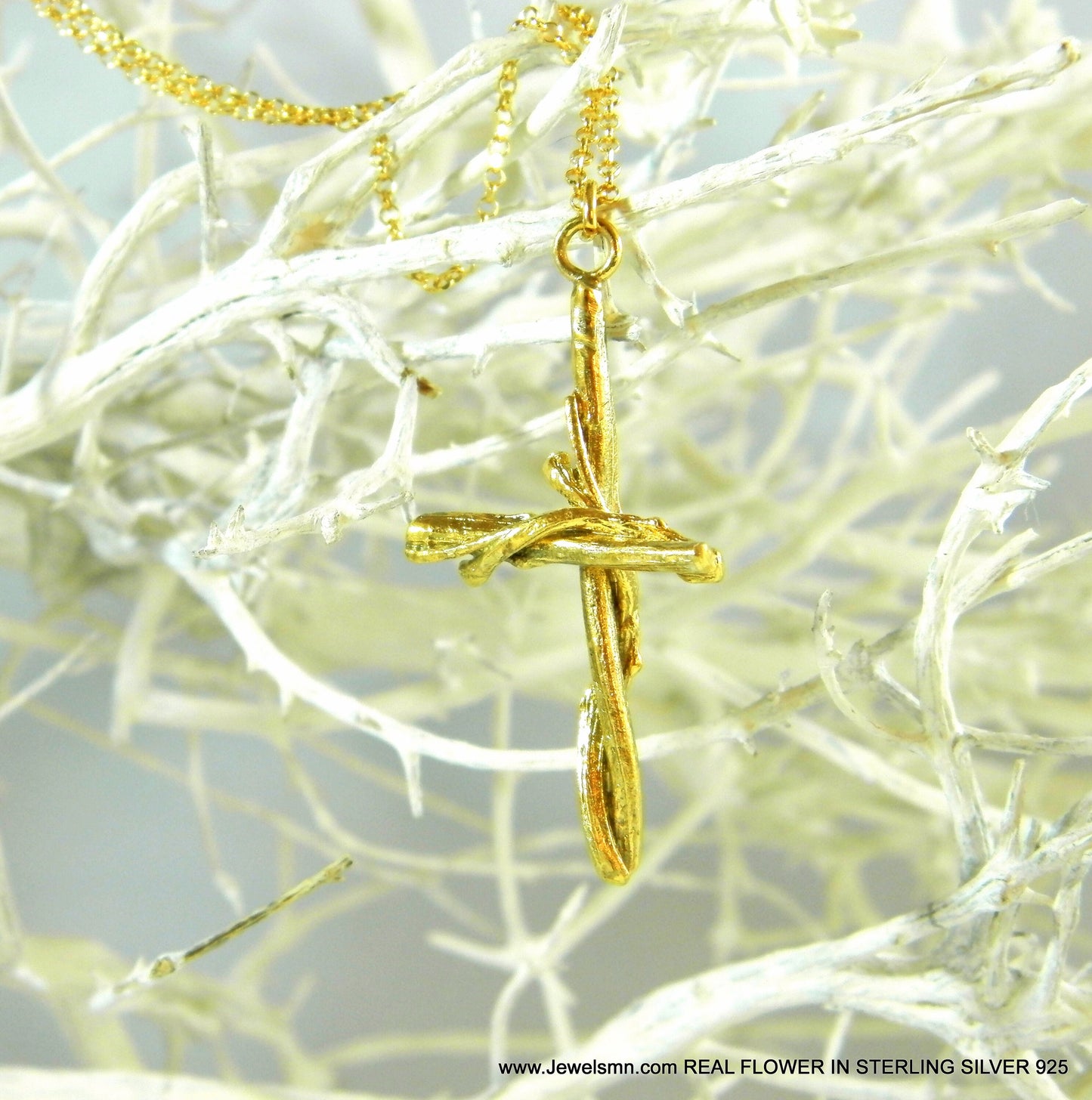 Large cross pendant necklace From real Olive tree Branch, 14k gold on sterling silver, Gold cross pendant