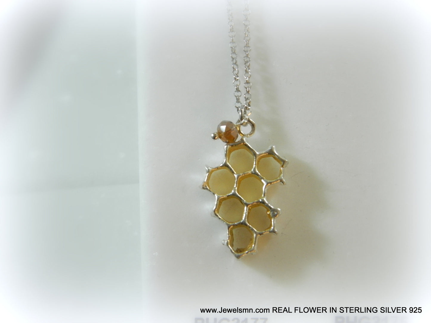 Bee necklace,Real honeycomb necklace for women in sterling silver. 7-Hexagon necklace.