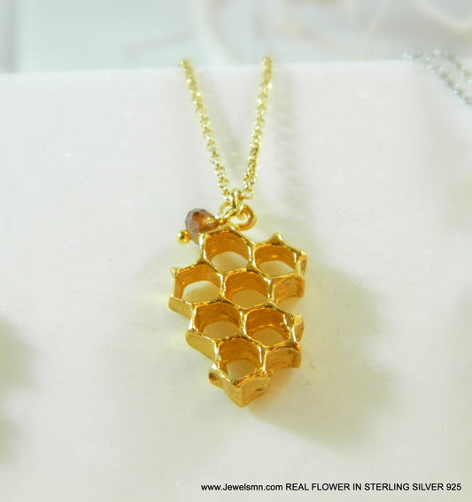 Bee necklace,Real honeycomb in sterling silver.7-Hexagon necklace Goldplated.