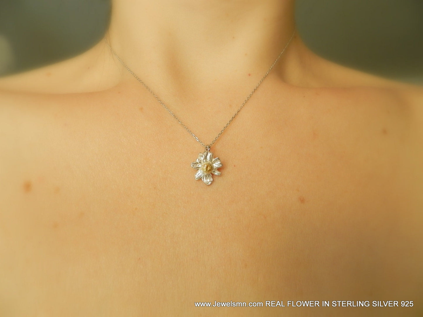 Black mini chamomile flower pendant.Sterling silver minimalist necklace ,14K Goldplated.