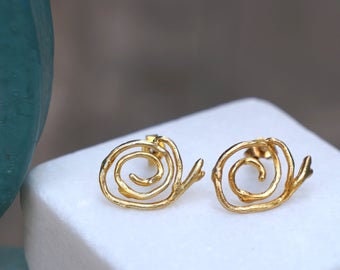 Real Jasmine twig, Spiral Stud Earrings. Nature Unisex Earrings. 18k Gold plated on sterling Silver.By Mother Nature