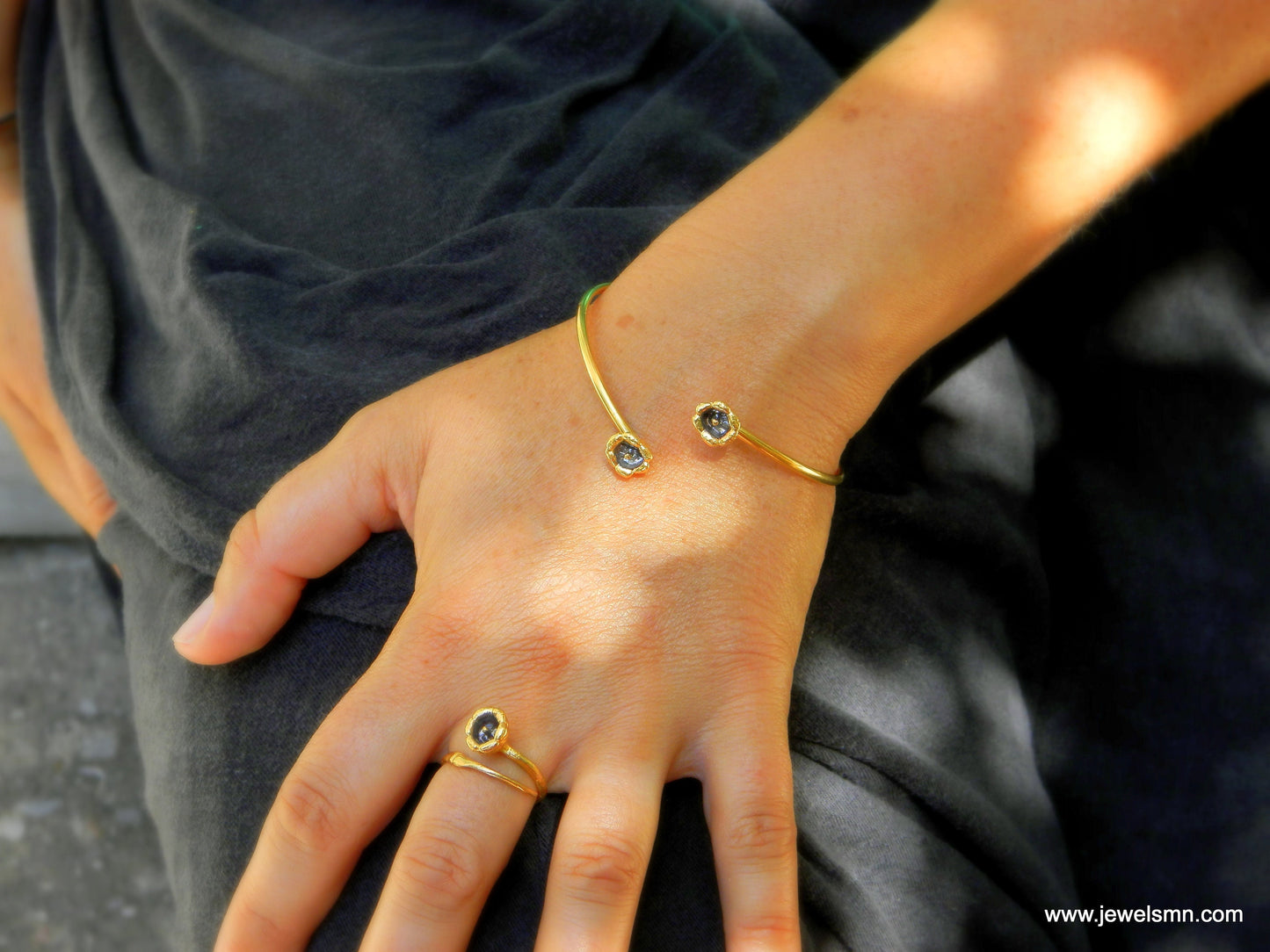 Arm cuff, 14K Goldplated and Black bracelet from Real Lily flower in sterling silver.