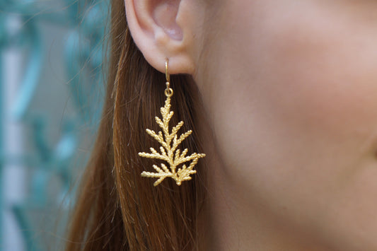 Solid Gold Cypress leaf Earrings for Women, Natural GOLD jewelry drop earrings in 9K-14K-18K Gold Real leaf from Mother nature jewelry