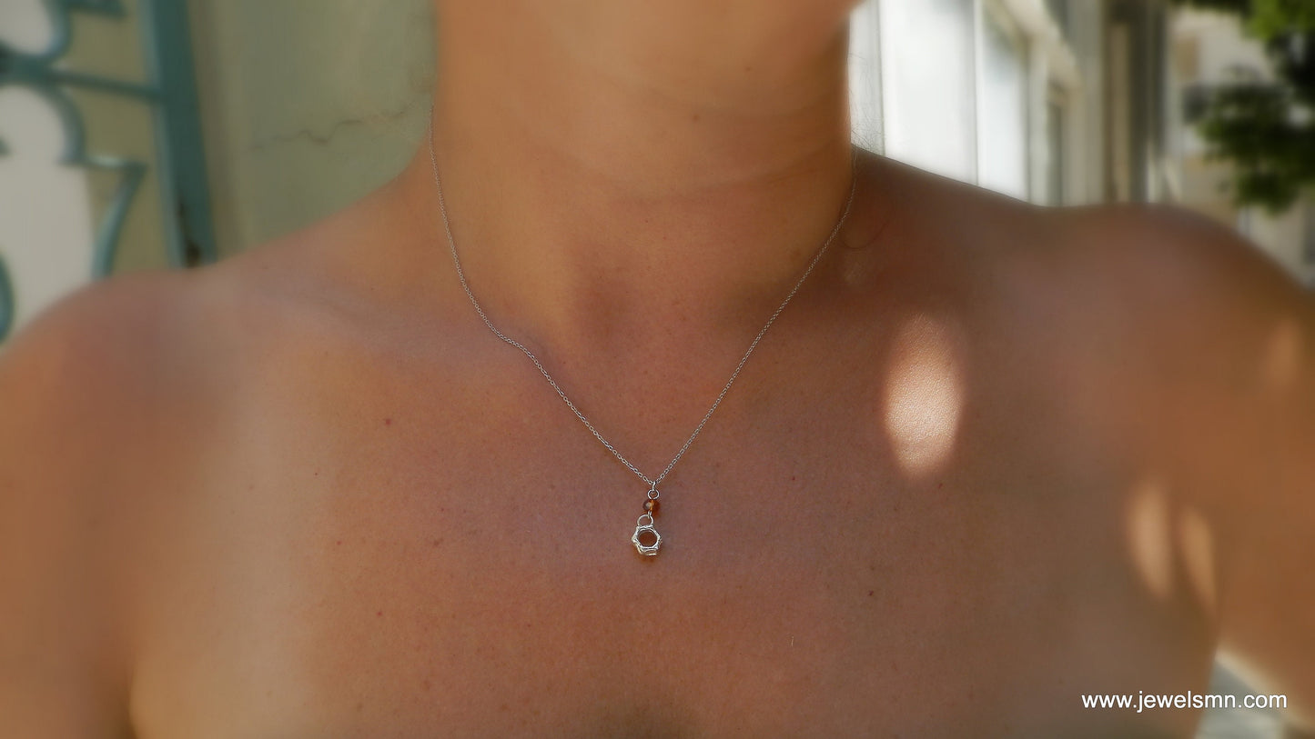 Minimal tiny Real honeycomb with brown little stone necklace in Sterling silver with delicate silver chain.