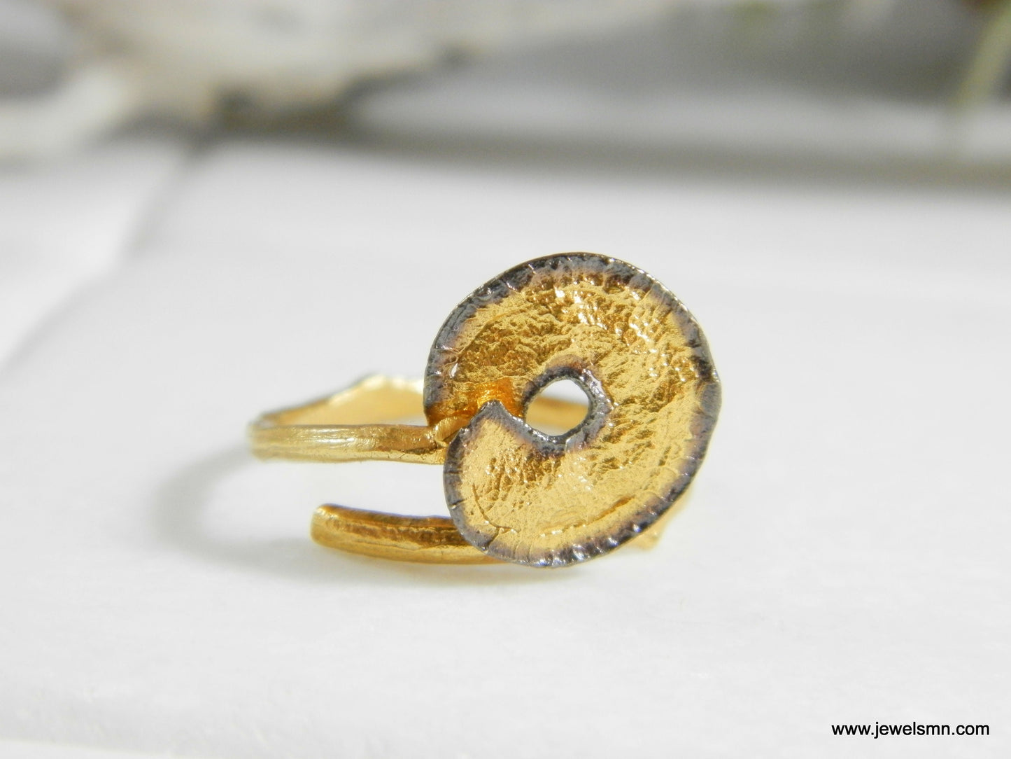 Minimalist Handmade Nature Jewelry. ring Gold and Black Leaf Spiral Disc and Branch Ring,