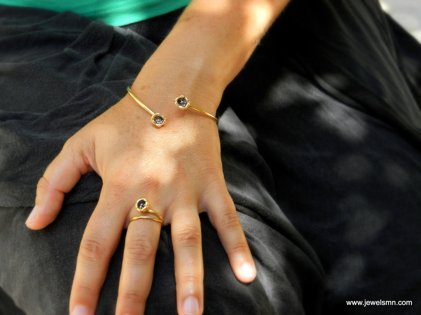 Arm cuff, 14K Goldplated and Black bracelet from Real Lily flower in sterling silver.