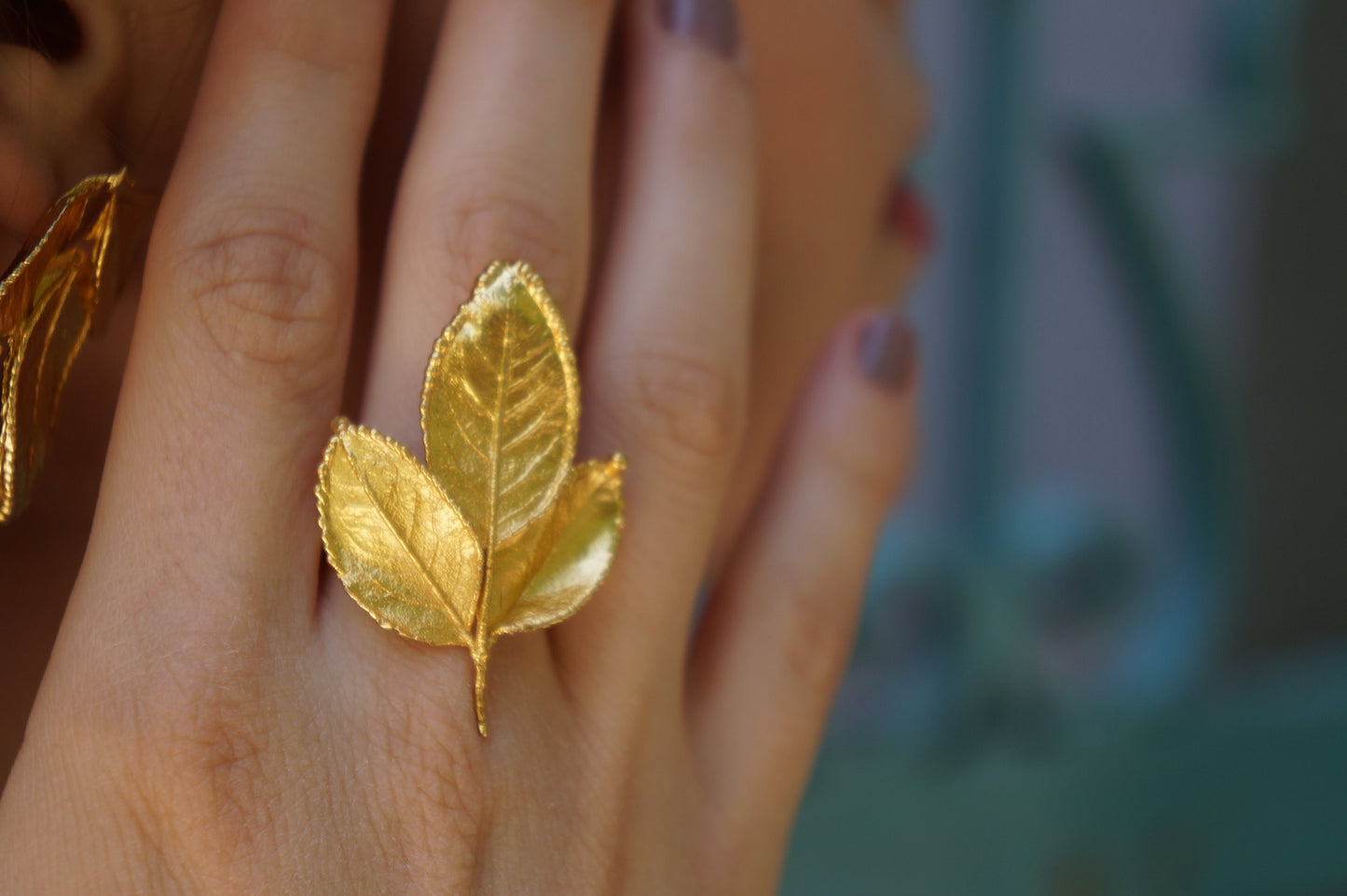 Bridal Jewelry SET 14k Gold on sterling silver, Rose Leaf Necklace Earrings AND Ring, Wedding Jewelry set Leaf  gift for her