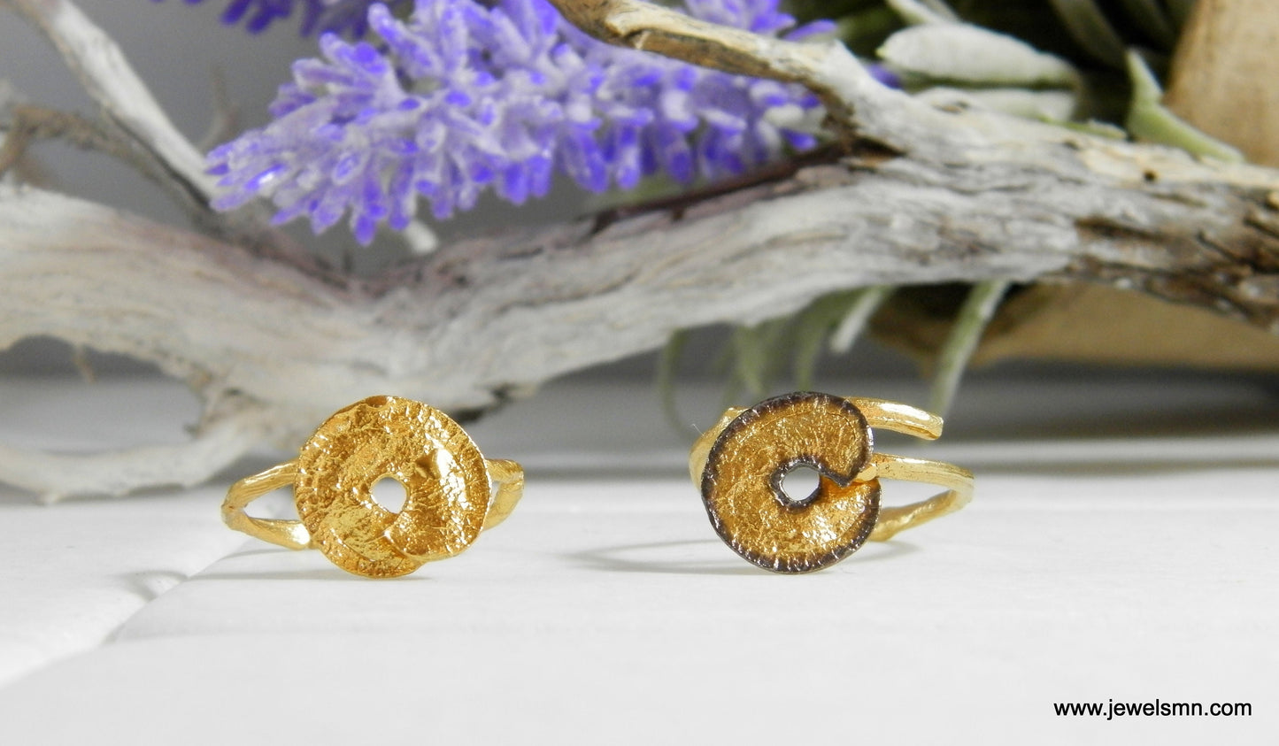 Minimalist Handmade Nature Jewelry. ring Gold and Black Leaf Spiral Disc and Branch Ring,