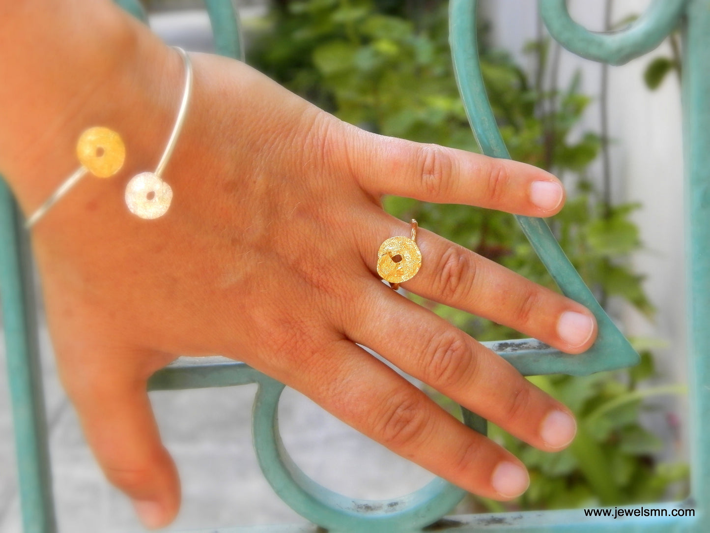 Minimalist Handmade Nature Jewelry. ring Gold and Black Leaf Spiral Disc and Branch Ring,