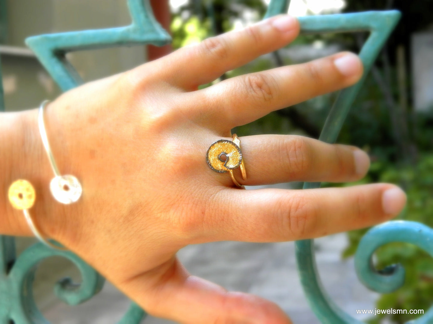 Minimalist Handmade Nature Jewelry. ring Gold and Black Leaf Spiral Disc and Branch Ring,