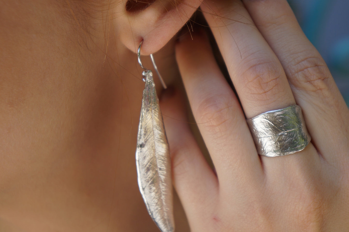 Statement botanical Dangle Earrings for women. Natural Olive leaves in sterling silver 925. Mother Nature jewelry earrings from Real leaf.