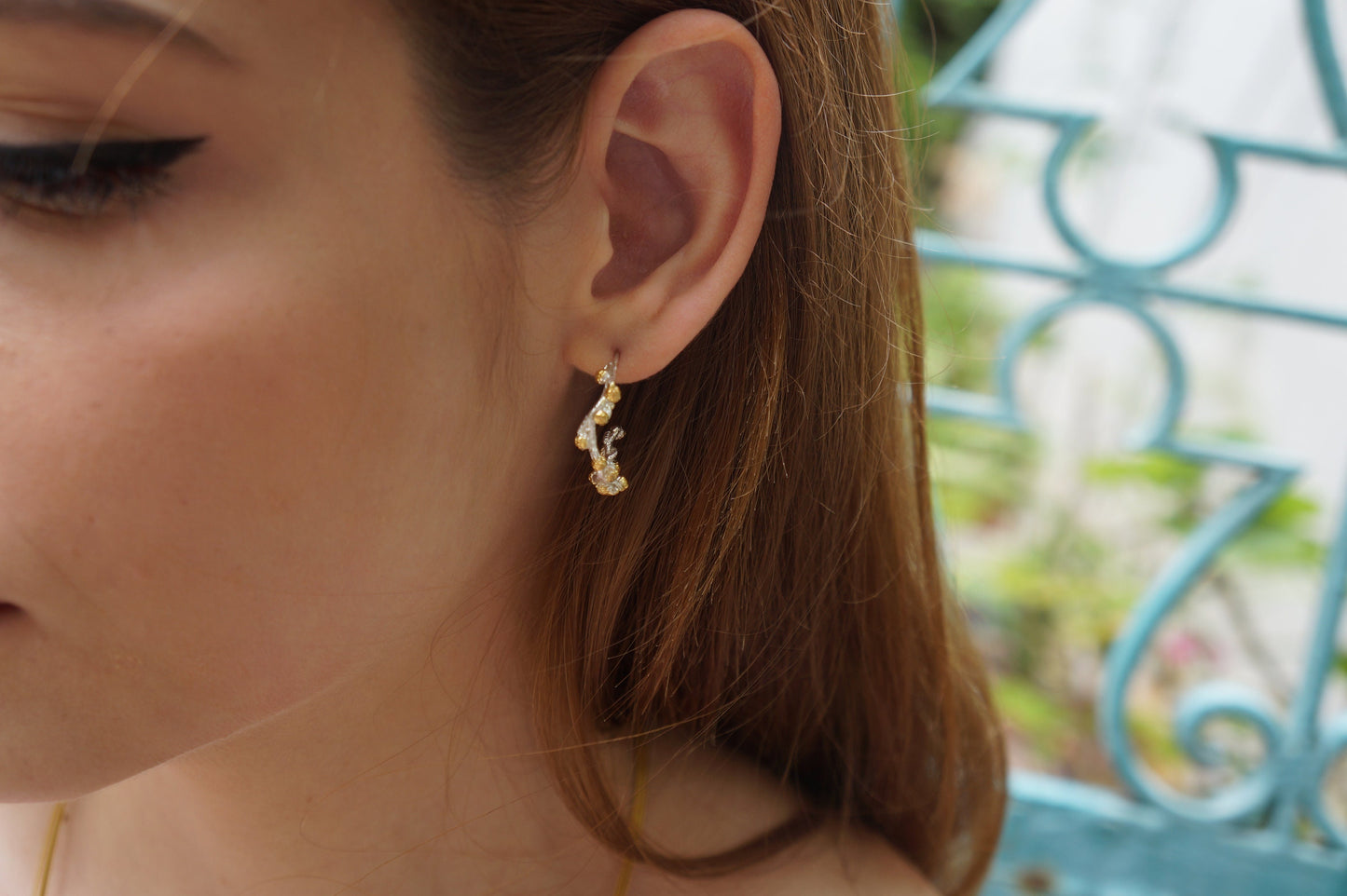 Unique Small Stud Hoops earrings in Sterling Silver. Real mimosa pudica Plant branch with buds.Symbol of renewal,Fortitude & pureness