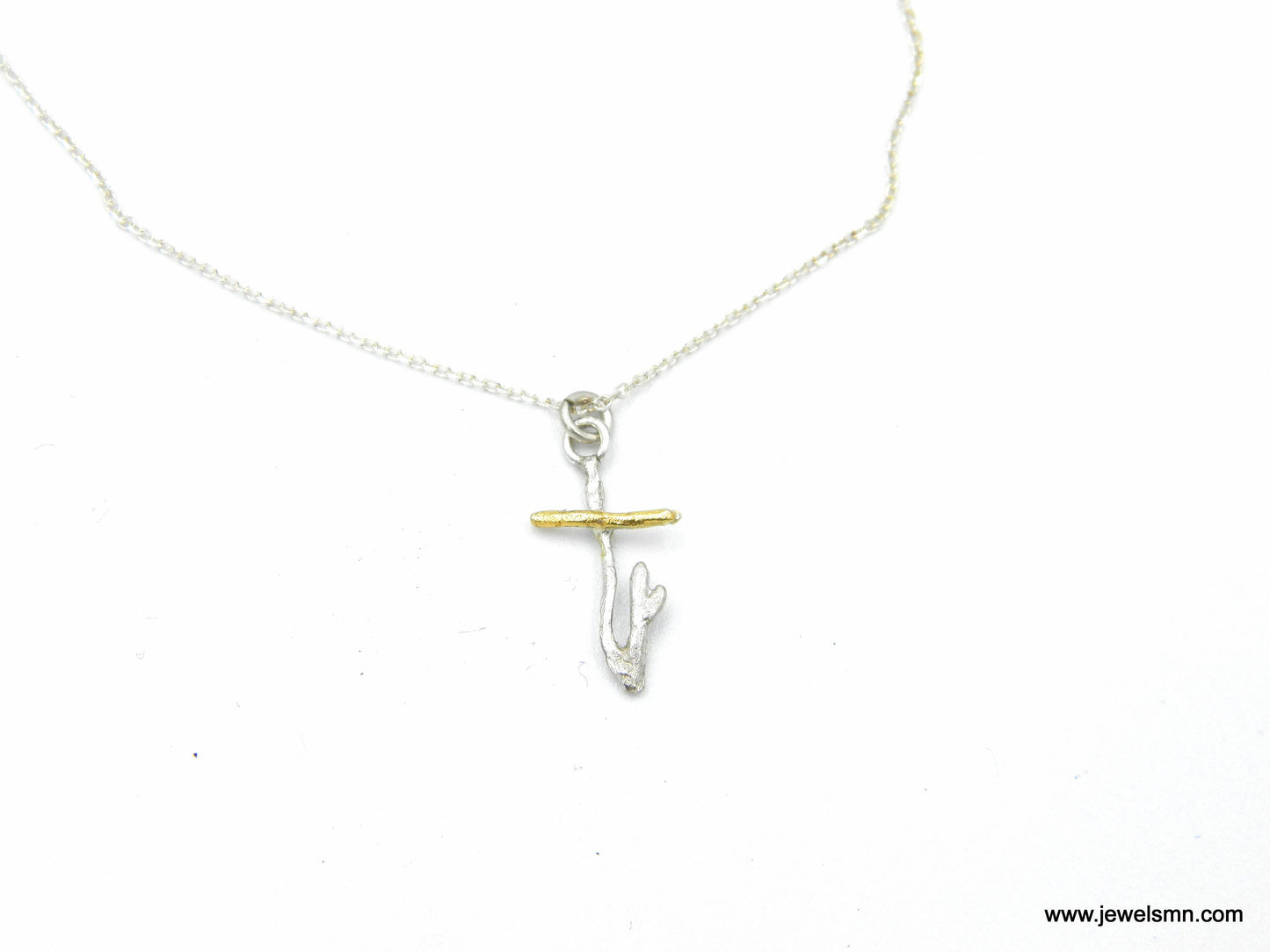 Small twig Cross necklace with Chain in Silver & Gold. Sterling Silver 925 Cross Pendant by Real Jasmine plant Branch. Unisex Faith gift