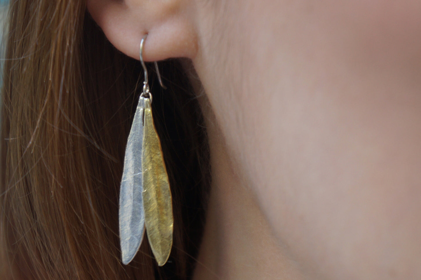 Olive Leaf Dangle earrings for women in Sterling silver 925. Mixed metal earrings.