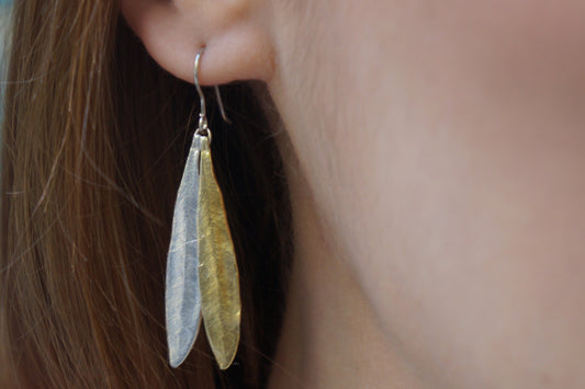 Olive Leaf Dangle earrings for women in Sterling silver 925. Mixed metal earrings.