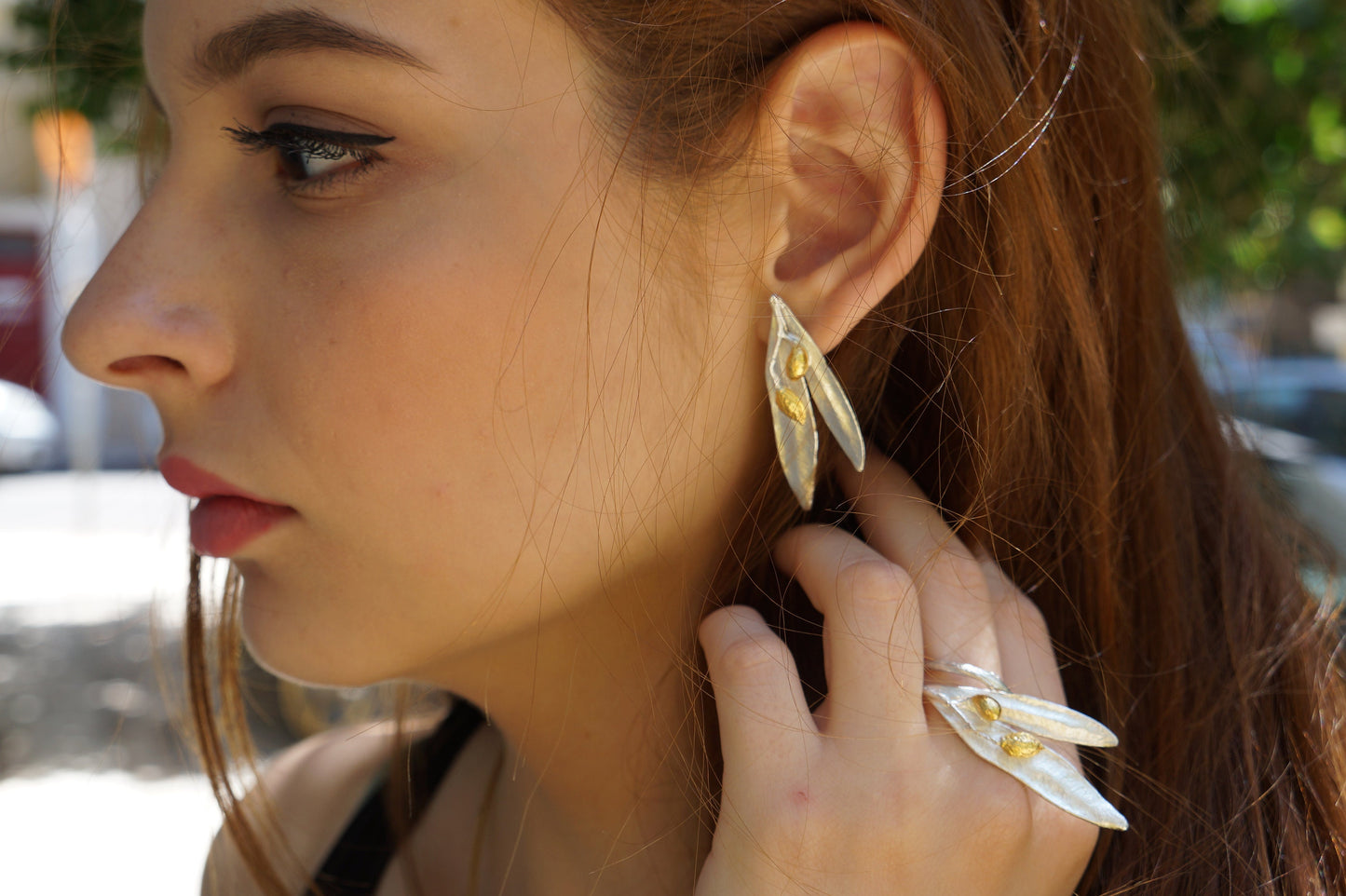 Sterling Silver Olive leaf Earrings and fruit Dangle or Stud earrings on Gold And Black Rhodium.