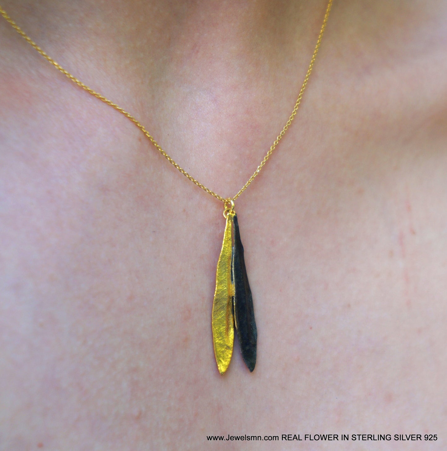 Jewelry Necklace pendant Plant, Olive Leaves Gold & Black Rhodium on Sterling silver 925.Handmade pendant with chain for nature lovers.