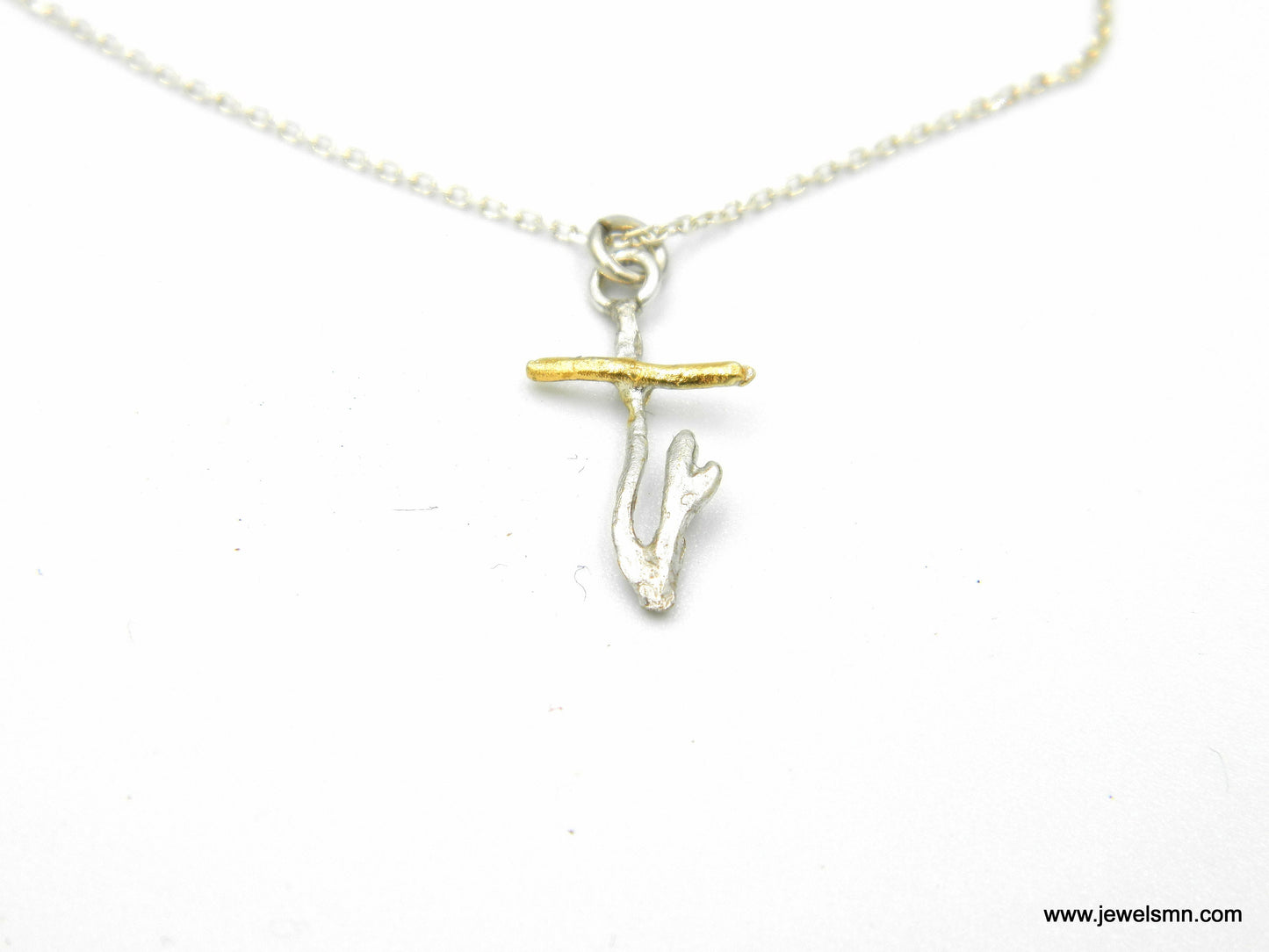 Small twig Cross necklace with Chain in Silver & Gold. Sterling Silver 925 Cross Pendant by Real Jasmine plant Branch. Unisex Faith gift