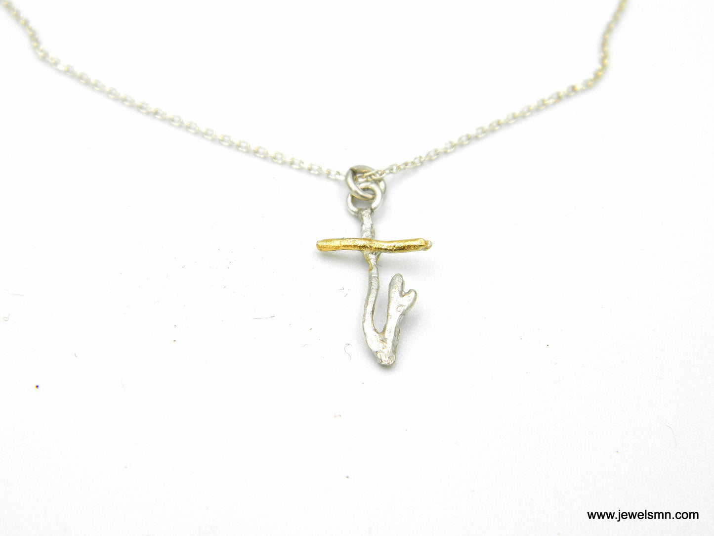 Small twig Cross necklace with Chain in Silver & Gold. Sterling Silver 925 Cross Pendant by Real Jasmine plant Branch. Unisex Faith gift