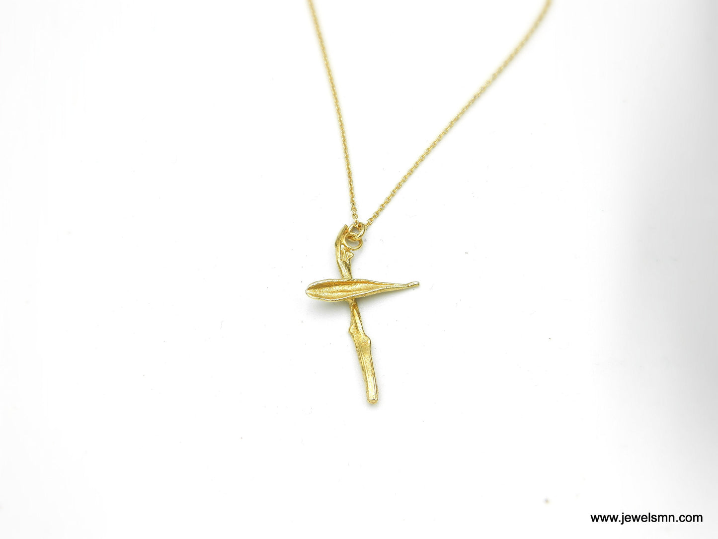 Cross on Chain. Gold Leaf & Twig pendant cross from Olive tree, Symbol of Peace, Protection and Fertility. 14k Gold on Sterling Silver