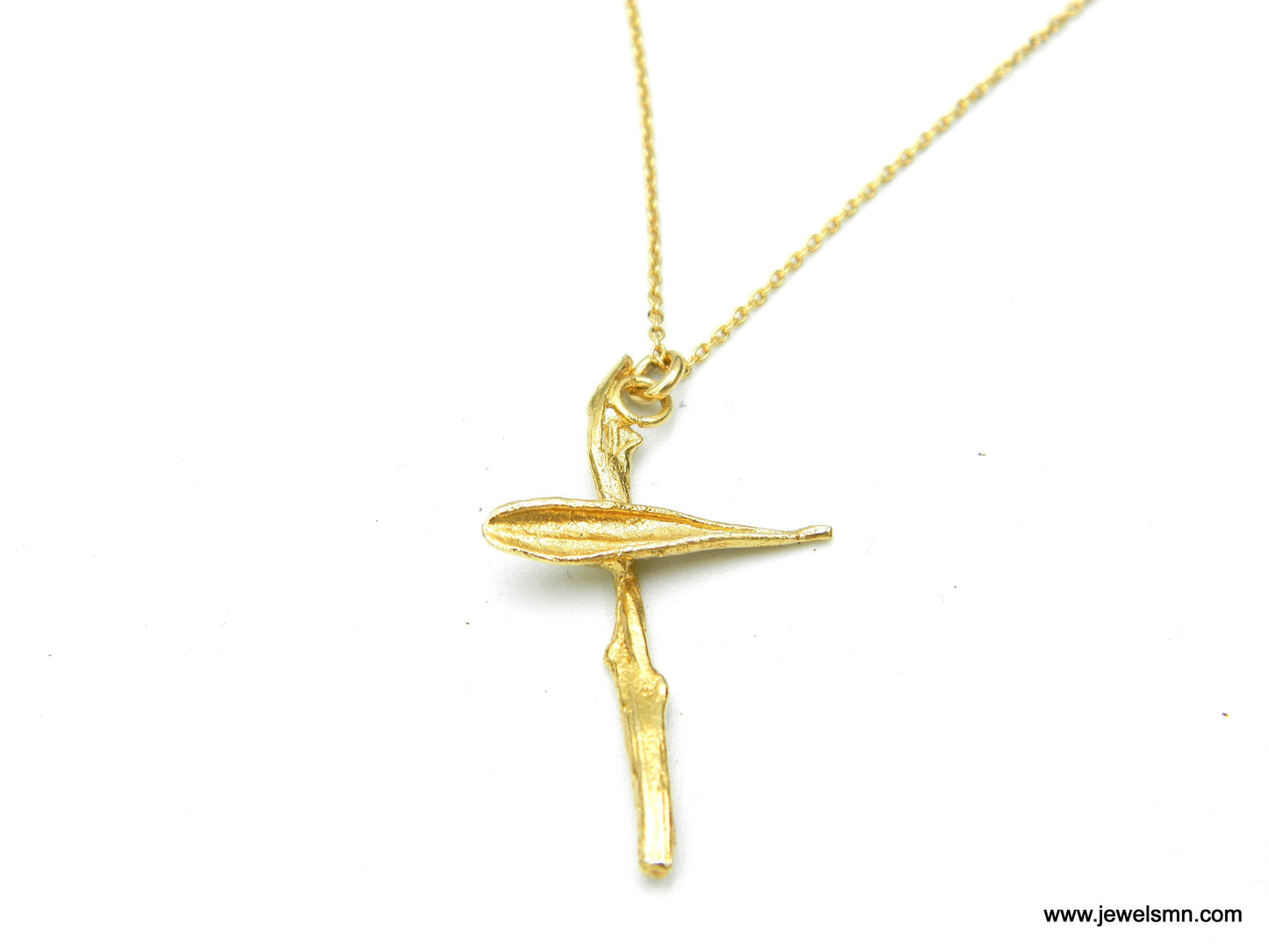 Cross on Chain. Gold Leaf & Twig pendant cross from Olive tree, Symbol of Peace, Protection and Fertility. 14k Gold on Sterling Silver