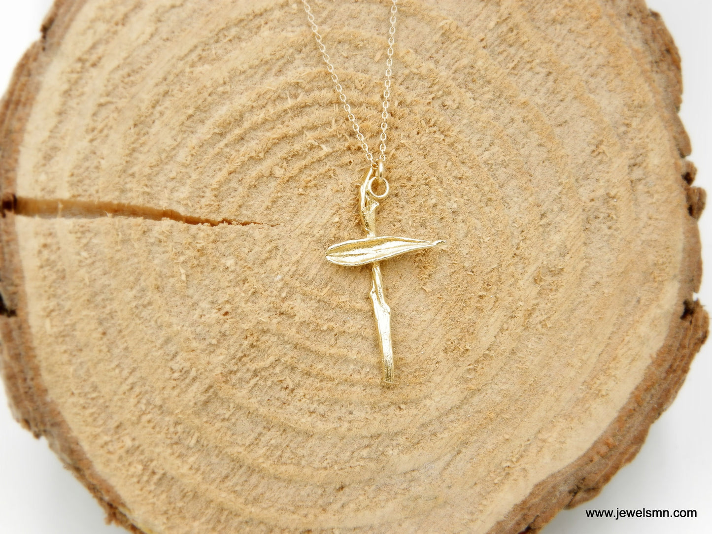 Cross on Chain. Gold Leaf & Twig pendant cross from Olive tree, Symbol of Peace, Protection and Fertility. 14k Gold on Sterling Silver