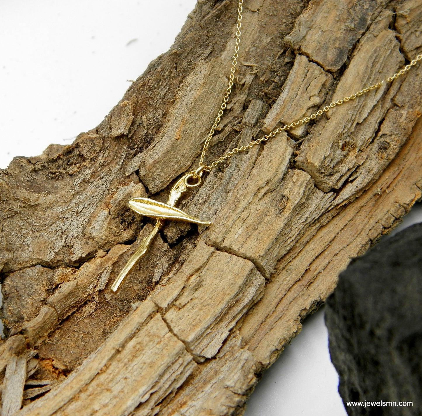 Cross on Chain. Gold Leaf & Twig pendant cross from Olive tree, Symbol of Peace, Protection and Fertility. 14k Gold on Sterling Silver