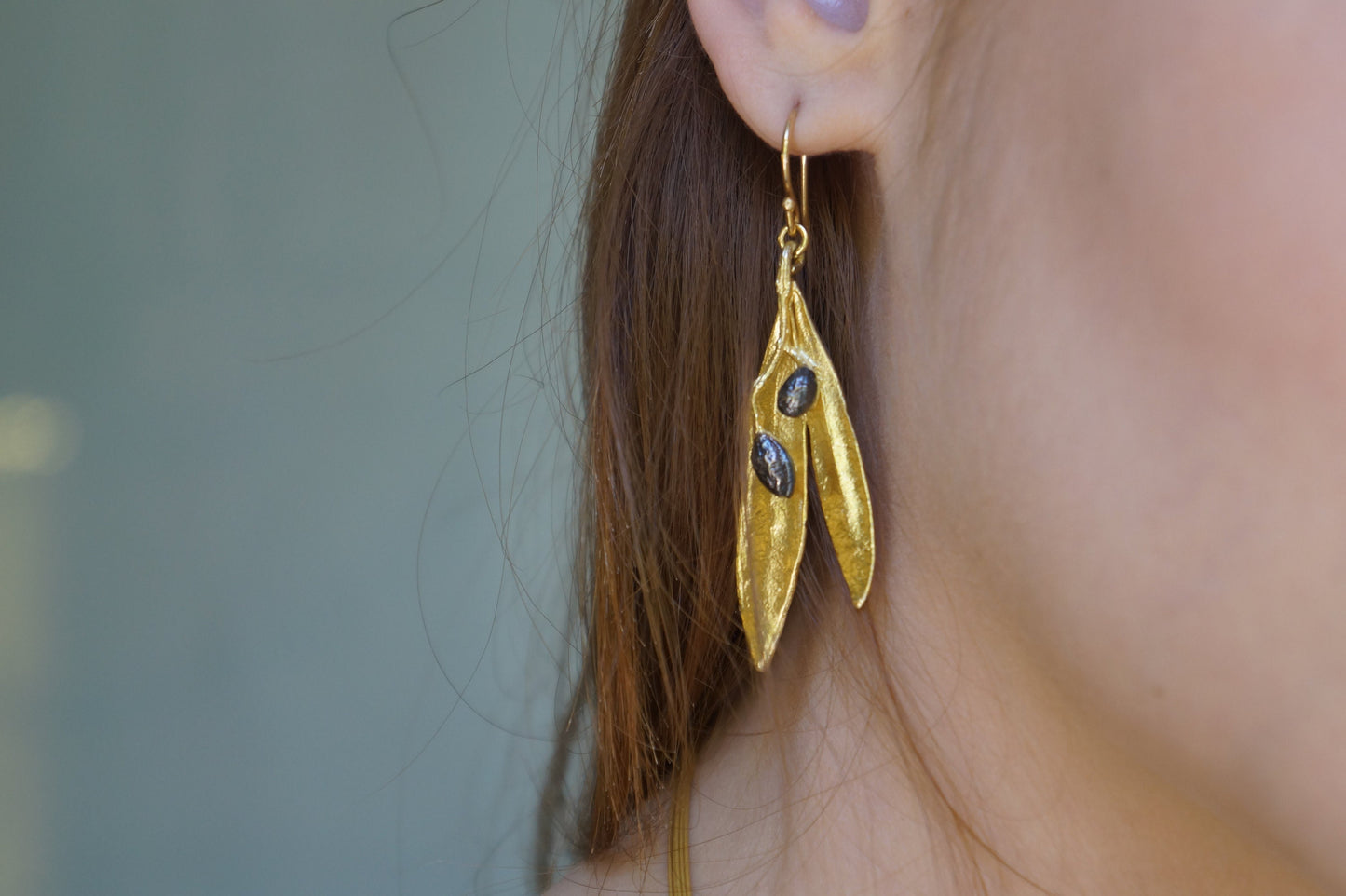 Sterling Silver Olive leaf Earrings and fruit Dangle or Stud earrings on Gold And Black Rhodium.