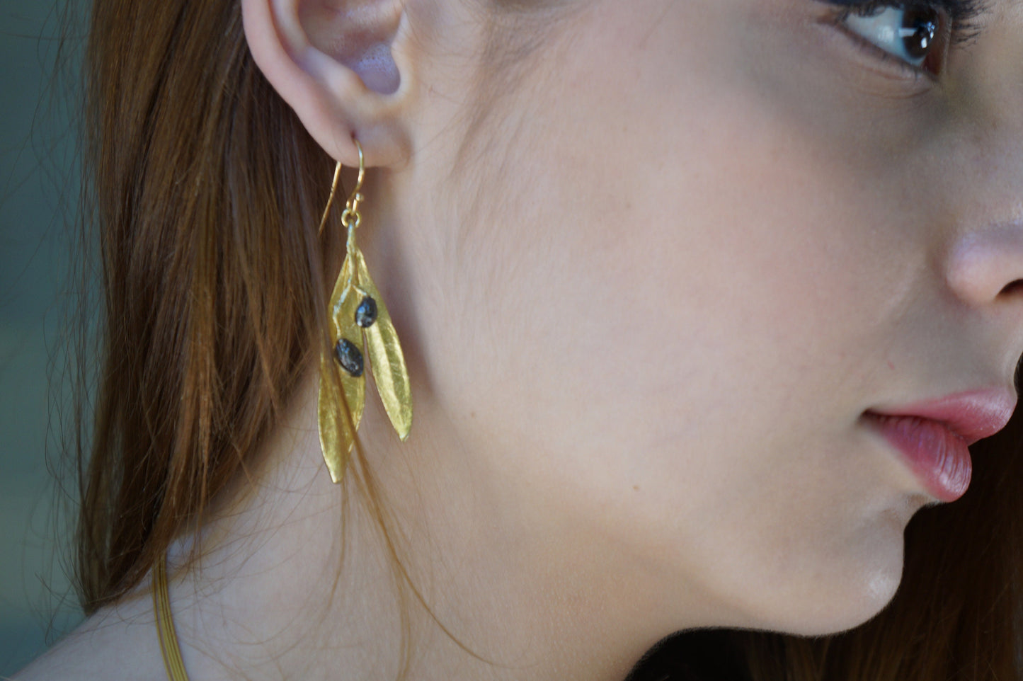 Sterling Silver Olive leaf Earrings and fruit Dangle or Stud earrings on Gold And Black Rhodium.