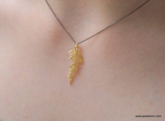 Solid Gold Leaf Pendant Chain Necklace for Women. Mimosa pudica Real gold Leaf in 9k-14K-18k. Pure gold leaf pendant with Gold chain.