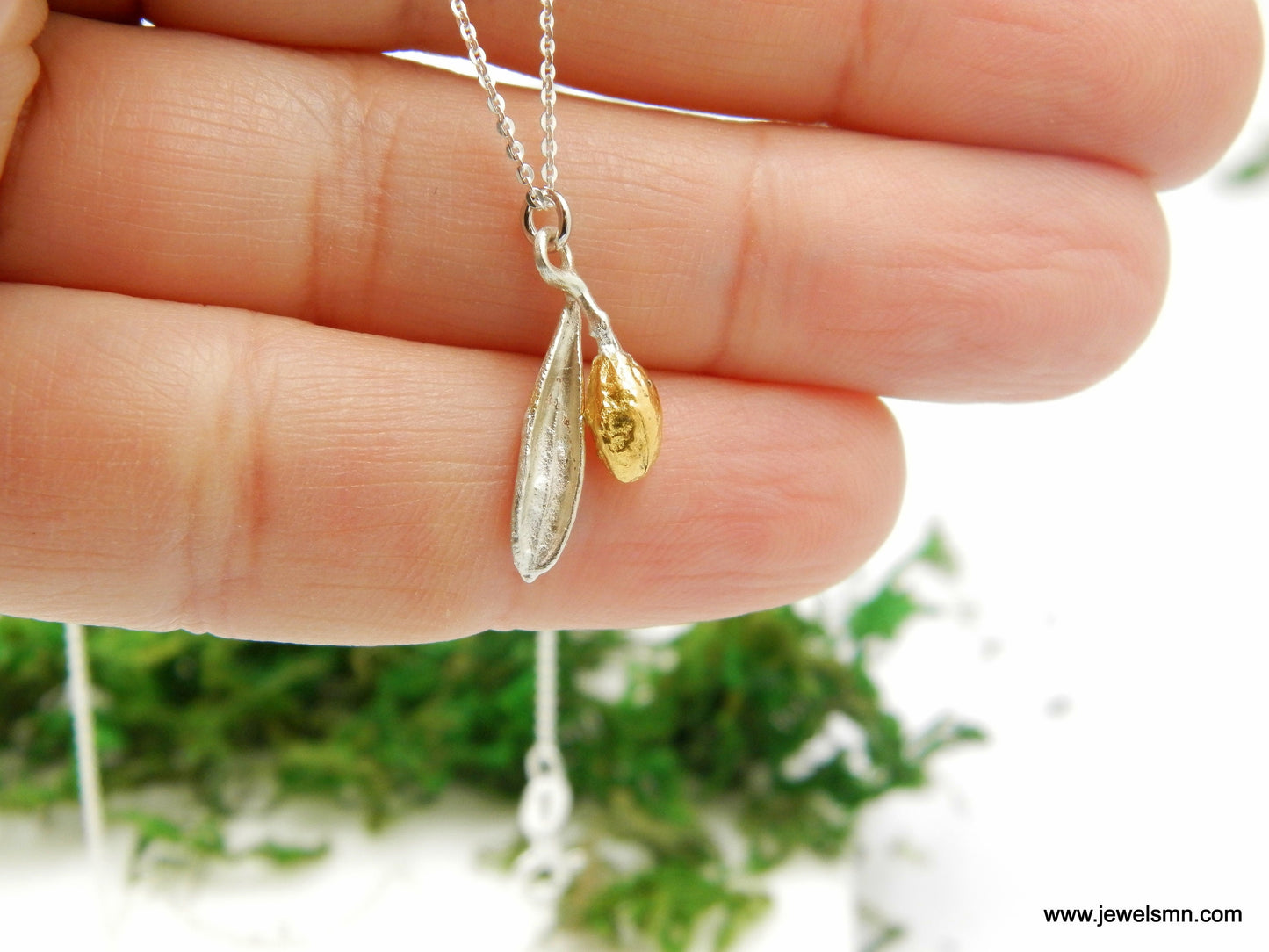 Natural beauty Minimalist pendant, Sterling Silver Olive leaf and 14K Gold plated plated Olive fruit Necklace by Mother Nature Jewelry