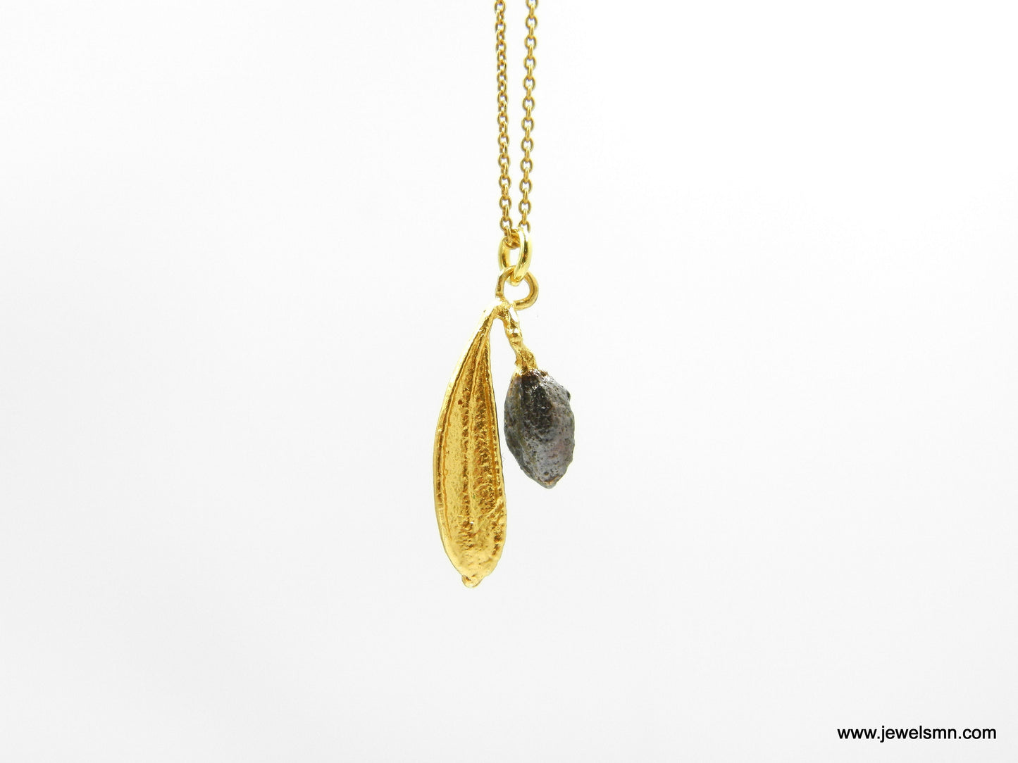 Dainty gold necklace with chain with Real Olive leaf and fruit 14K Gold plated and Black Rhodium on sterling silver