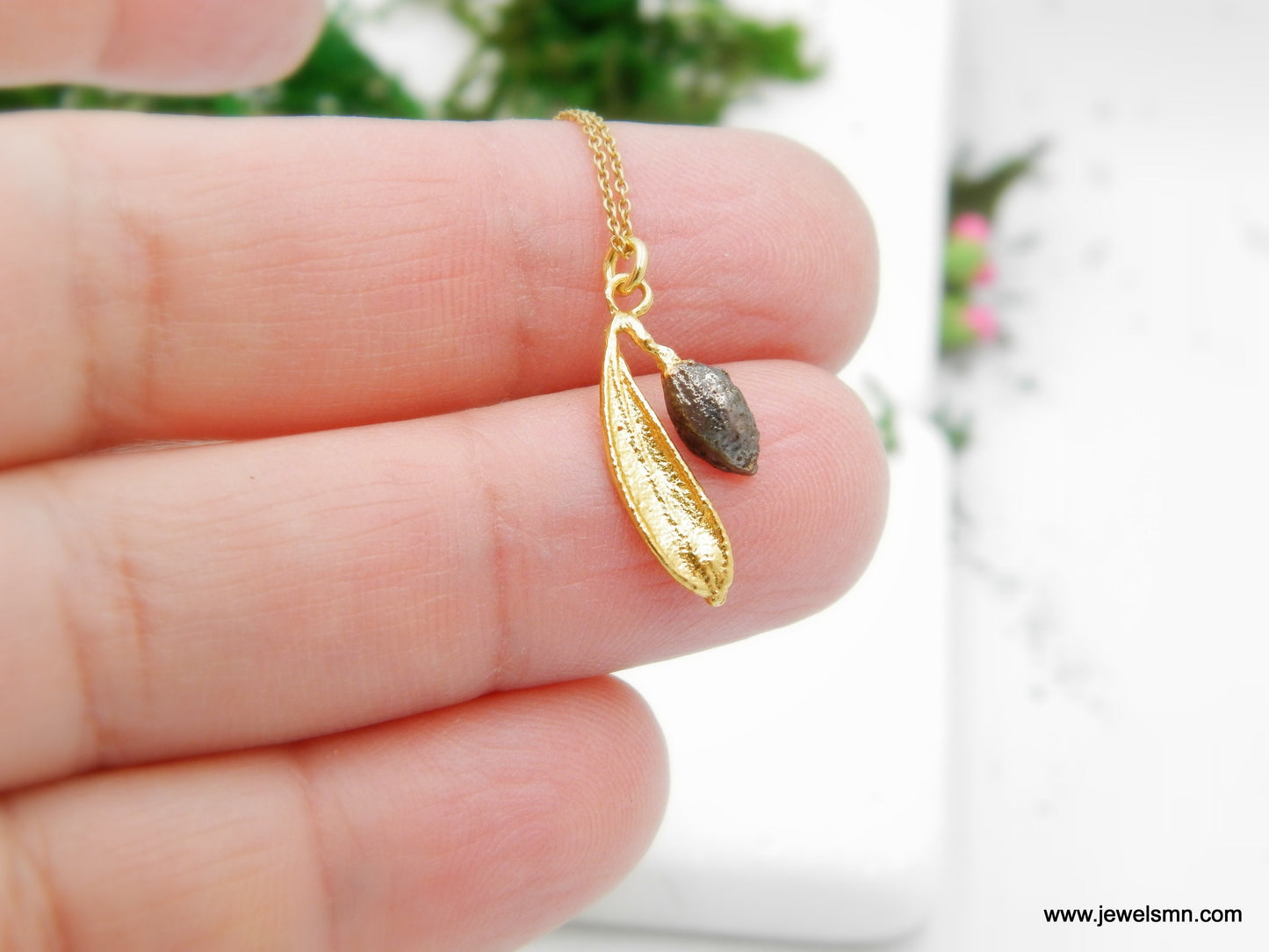 Dainty gold necklace with chain with Real Olive leaf and fruit 14K Gold plated and Black Rhodium on sterling silver