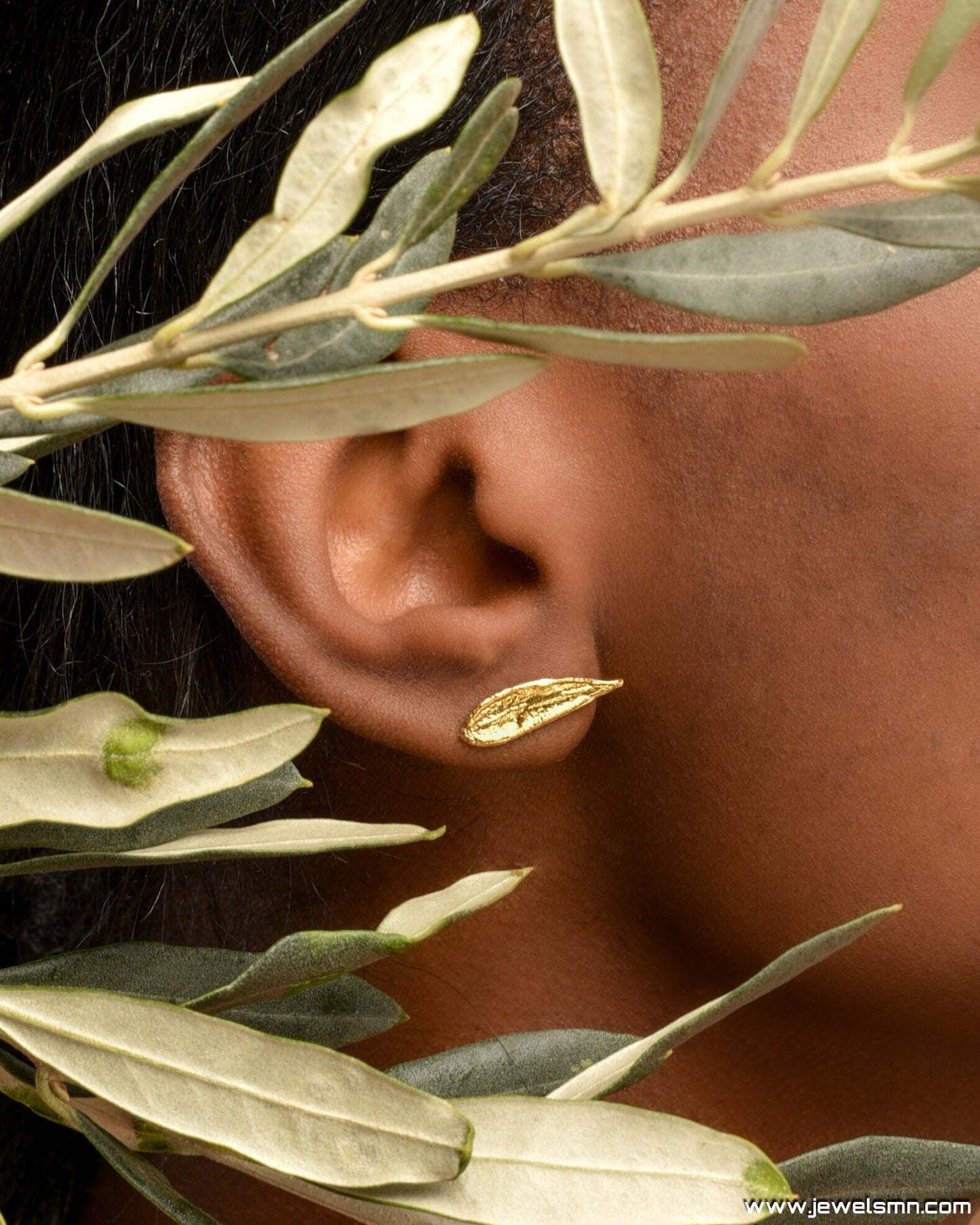 Solid Gold mini Leaf Earrings, Small Real Olive Leaf studs in 9K - 14K - 18K, Tiny naturalist studs by Mother nature jewelry