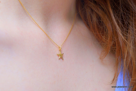 Solid Gold tiny starfish necklace. 9k-14k or 18k solid gold real starfish. Just pendant or  with chain. By Mother Nature Jewelry