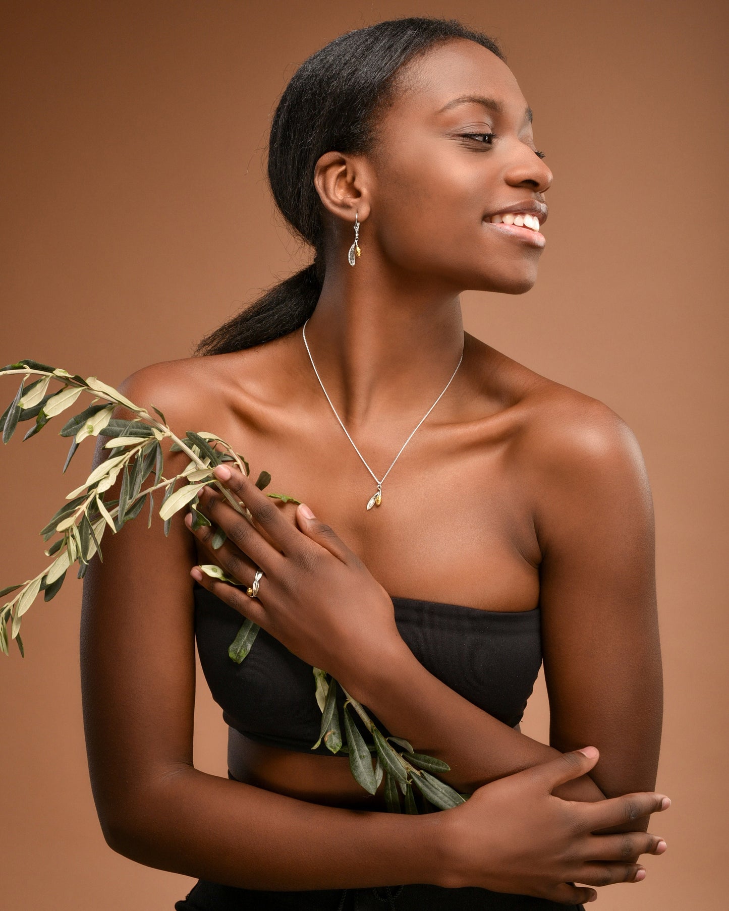 Natural beauty Minimalist pendant, Sterling Silver Olive leaf and 14K Gold plated plated Olive fruit Necklace by Mother Nature Jewelry