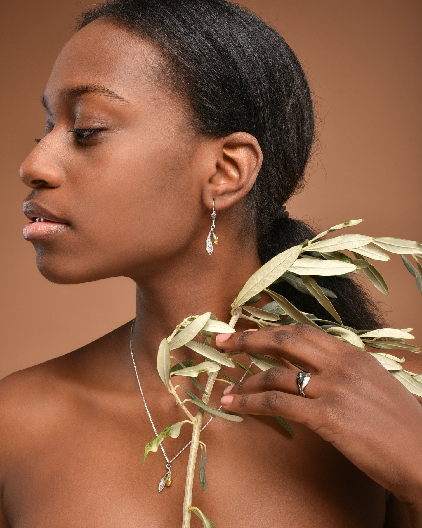 Tiny Silver Olive leaf and gold plated fruit, Dangle earrings.Real plant Eco jewelry earrings.Olive is a symbol of peace, protection ...