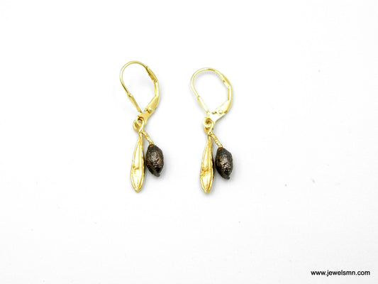 Real Small Olive leaf and fruit Dangle earrings for women 14k Goldplated and Black Rhodium on sterling silver.