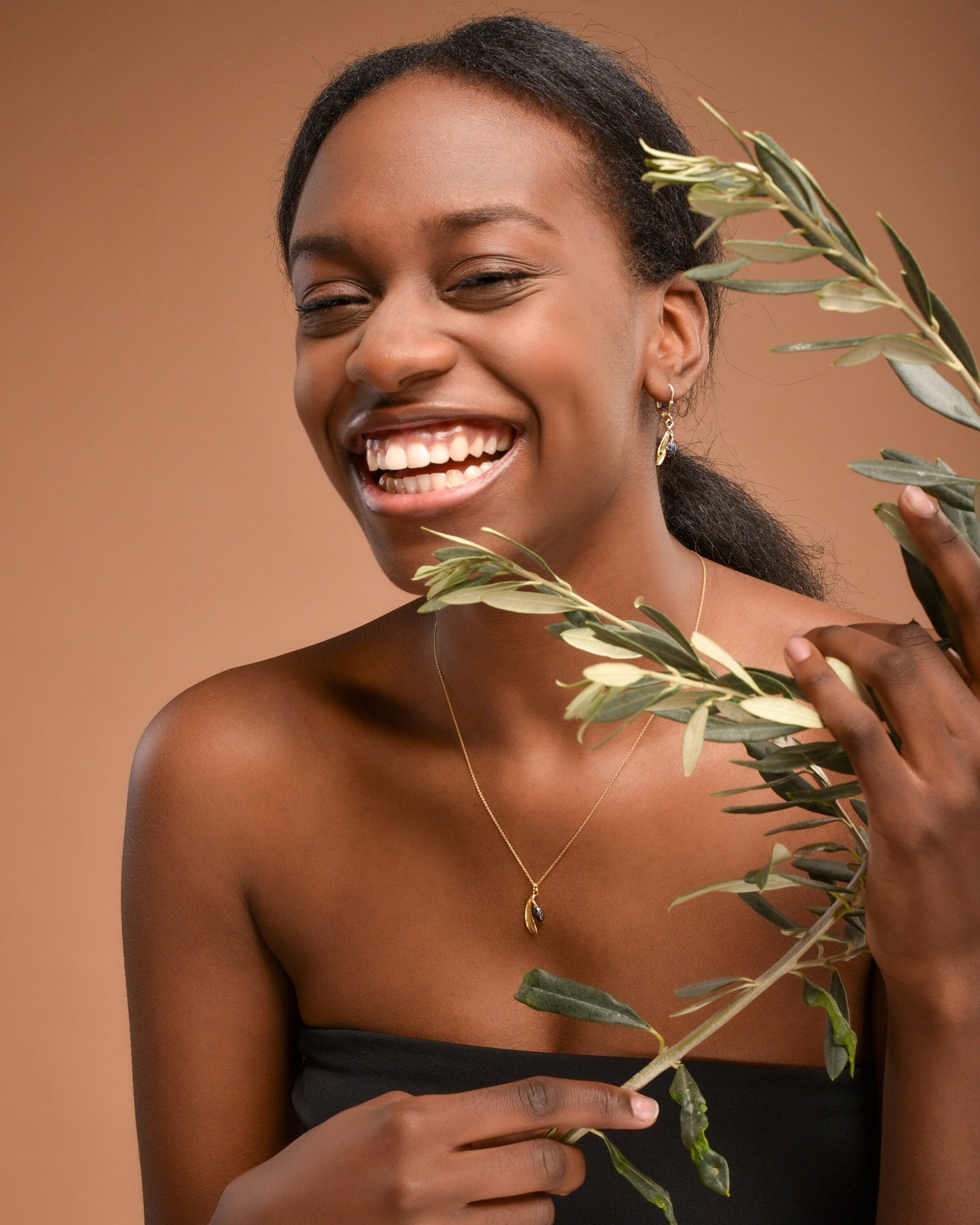 Real Small Olive leaf and fruit Dangle earrings for women 14k Goldplated and Black Rhodium on sterling silver.