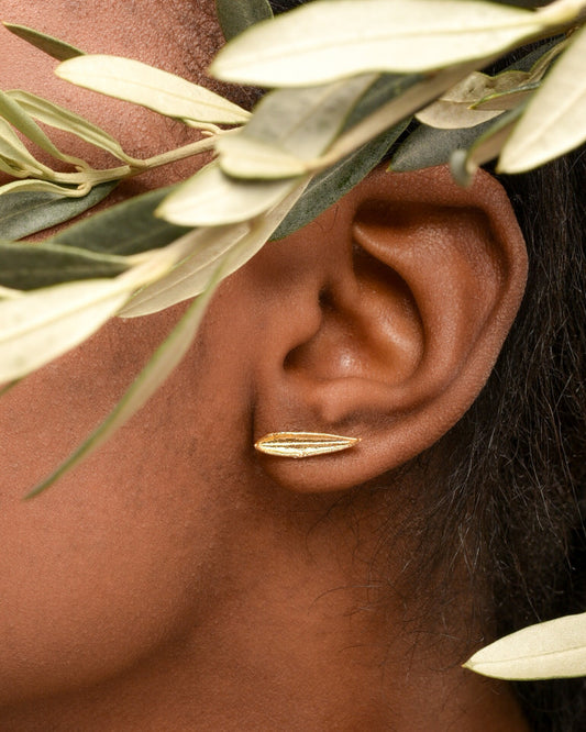 Minimalist Tiny Olive Leaf Stud earrings 14k Gold on Sterling Recycled Silver 925.