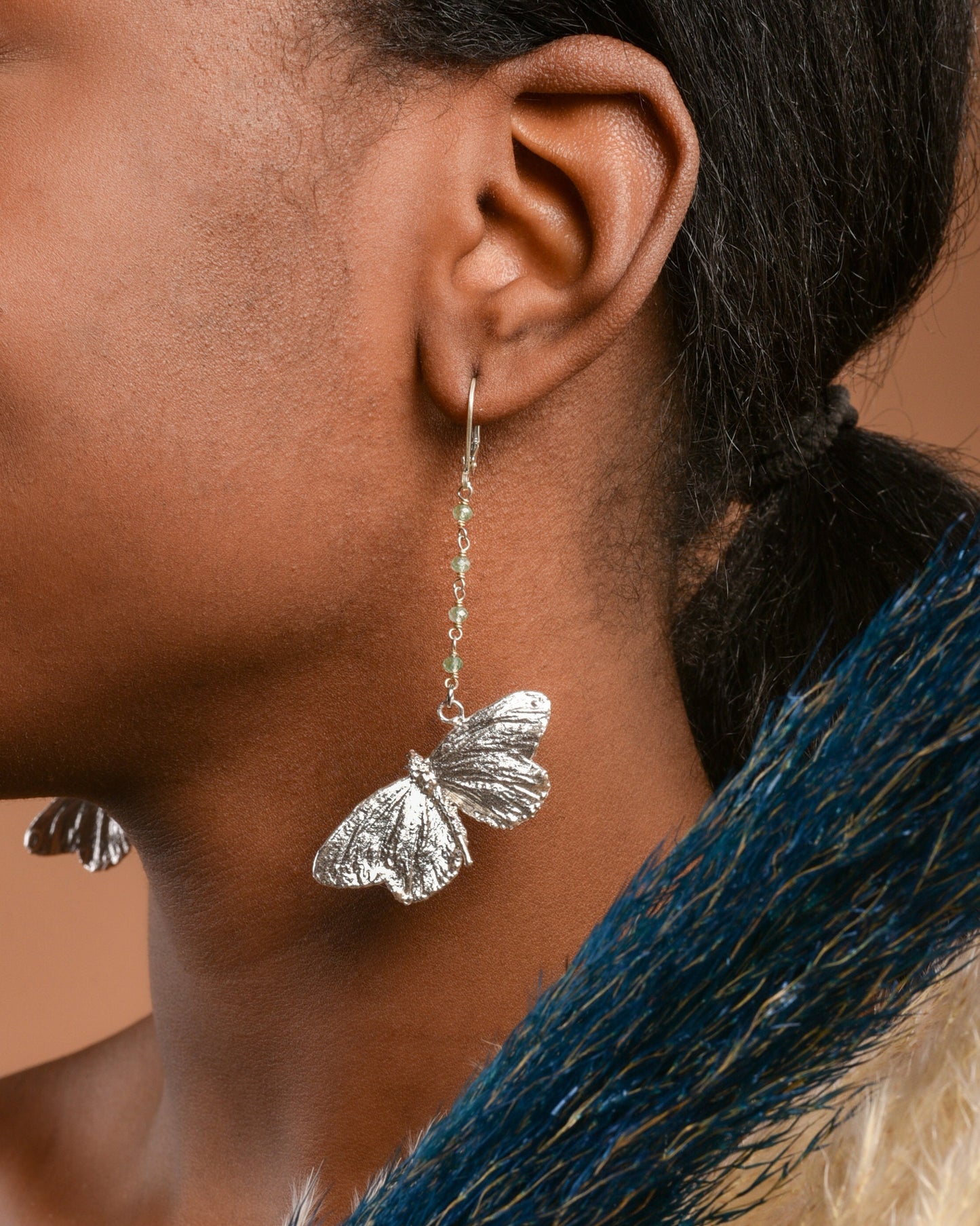 Real Butterfly earrings on Sterling silver. Dangle earrings with Green aventurine chain. Butterfly is symbol of Immortality, Transformation