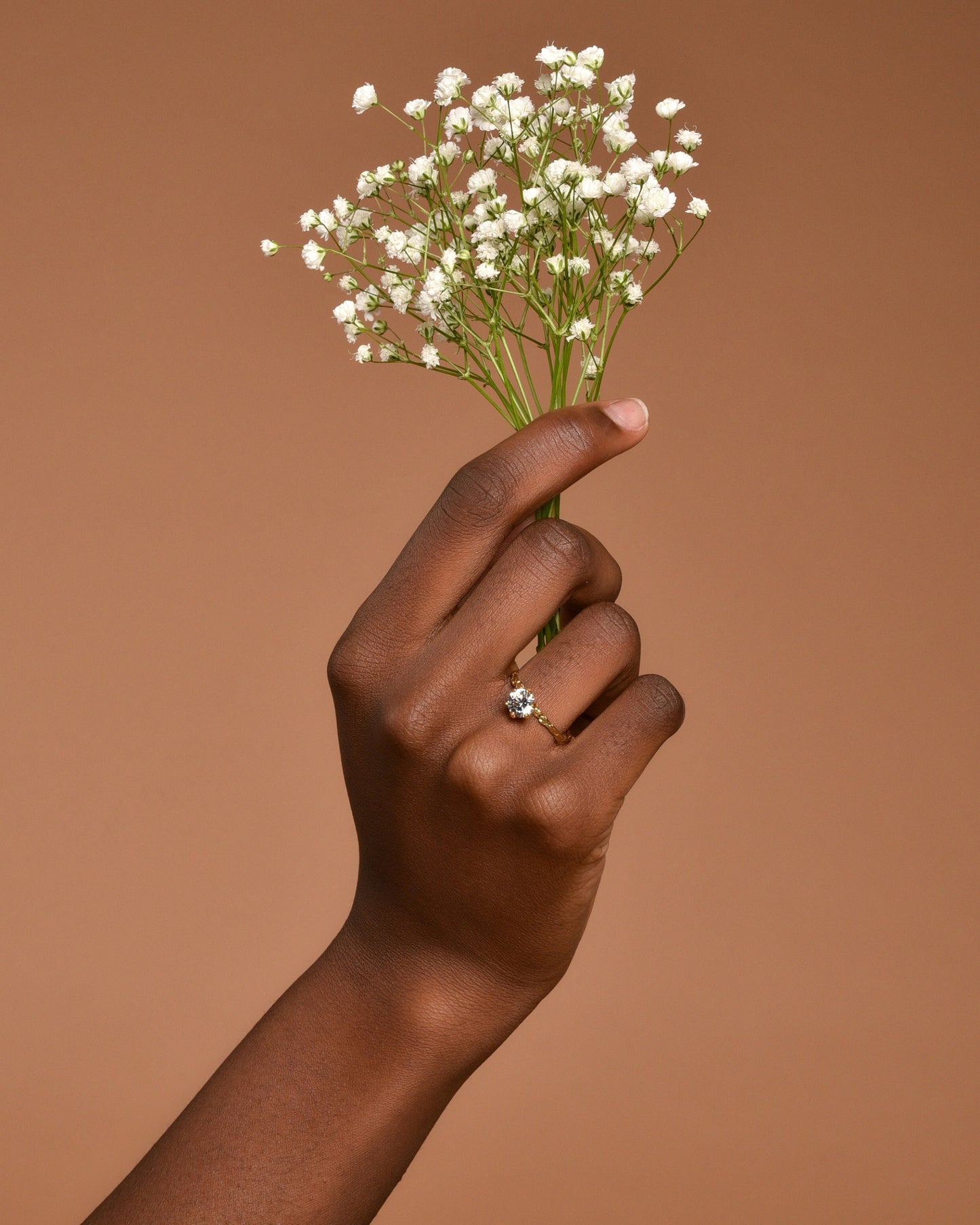 Engagement, Solitaire ring Gold plated on sterling silver cypress twig with Swiss Zircon - Ethical stone. Colorless Lab creative diamond.