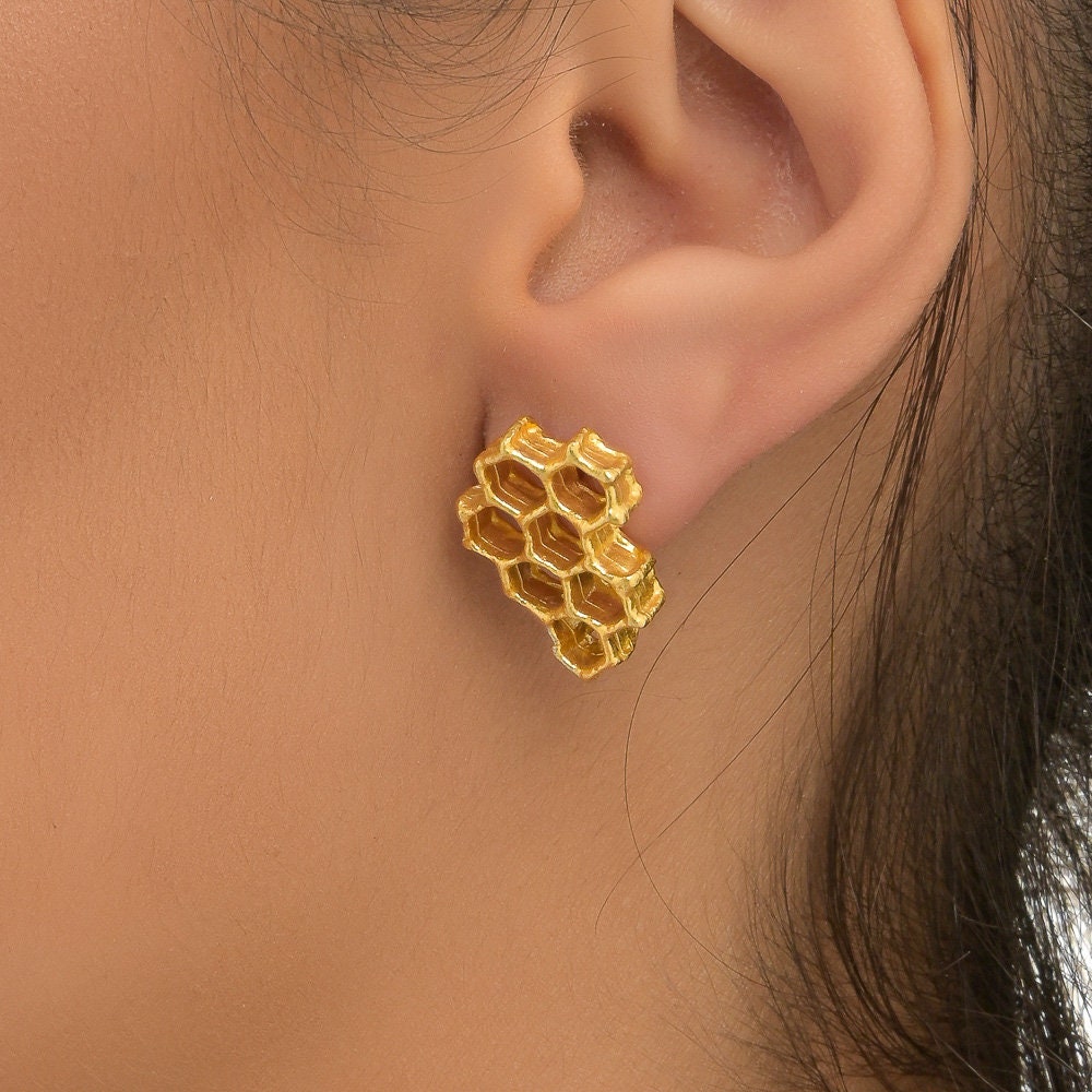 Gold Real honeycomb shelves Earrings. 18k Gold plated on sterling silver. Bee symbolizes community and personal power.